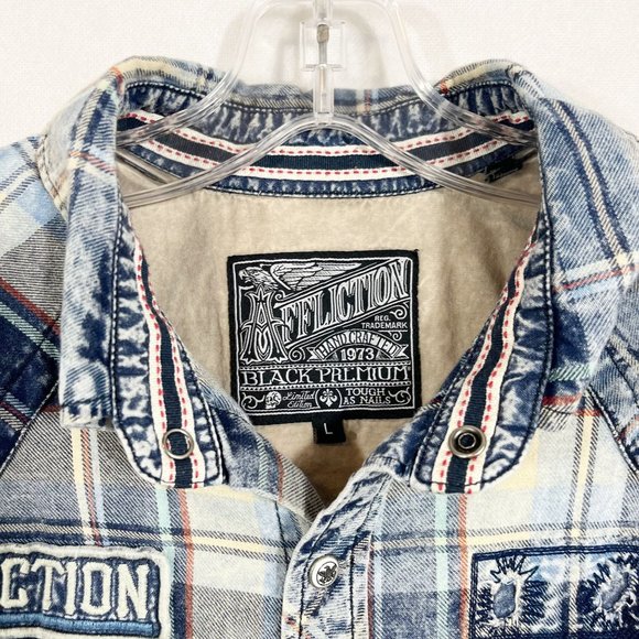 Affliction Black Premium Axle Grease Shirt Snap Buttons Distressed Plaid LARGE - Picture 7 of 10